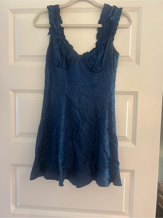 The Reset Dresses & Skirts - The Reset Blue Satin Ruffle-Trim Slip Dress